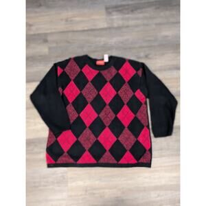 VTG Liz Claiborne Men's Black Red Crew Neck Knit Argyle Diamonds Sweater Size L